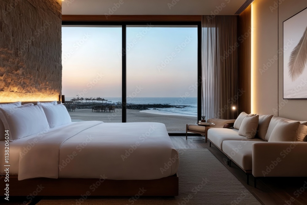 Obraz premium An elegant hotel room captures the beauty of dusk, featuring a stunning ocean view, artistic decor, and a serene ambiance that invites relaxation and introspection.