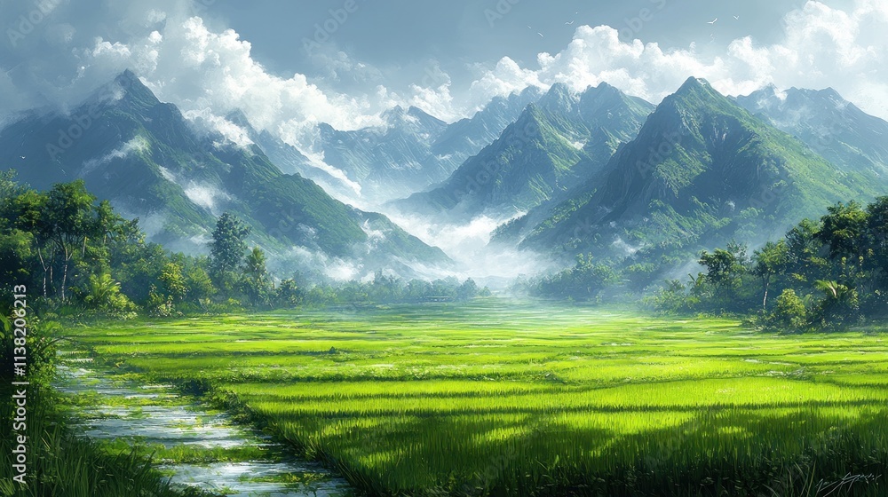 Obraz premium A serene landscape featuring lush green fields and majestic mountains under a cloudy sky.