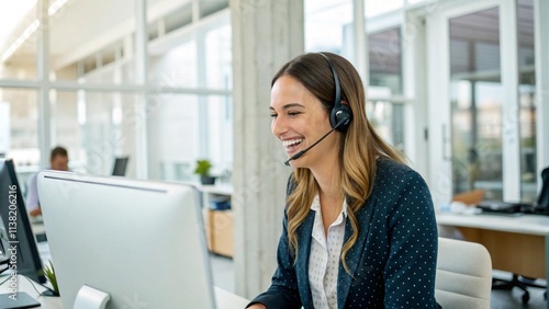 Smiling female call-center agent wearing a headset and providing professional customer support in a modern office environment, emphasizing effective communication and client assistance