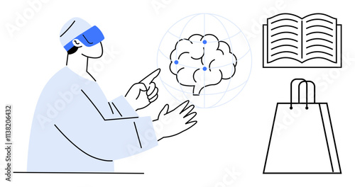 Person using VR headset interacting with virtual brain, open book, and shopping bag. Ideal for education, technology, science, e-commerce, innovation neuroscience and user experience themes. Line