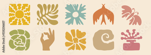 boho summer beach doodle retro drawing icon set. Hand drawn groovy geometric sun, bird, flower, leaf. abstract square tropical icons in freehand retro hand drawn style