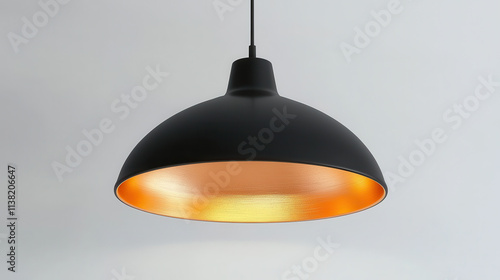 A modern ceiling pendant light in bold matte black with a contrasting copper interior, sleek industrial style, smooth metallic texture, floating in a perfectly clean white background, bright reflectio photo