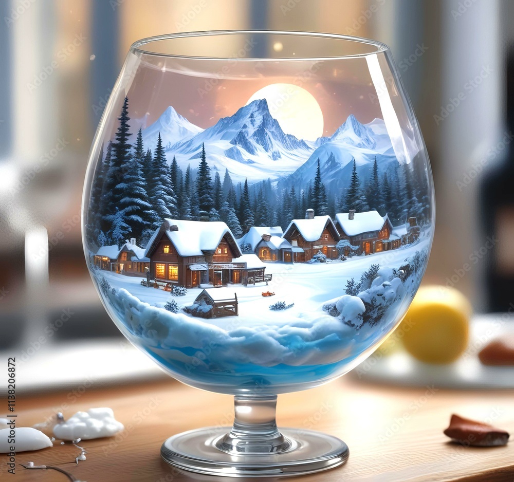 Illustration of tiny world landscape inside wine glass. Illustration of tiny world landscape inside wine glass.