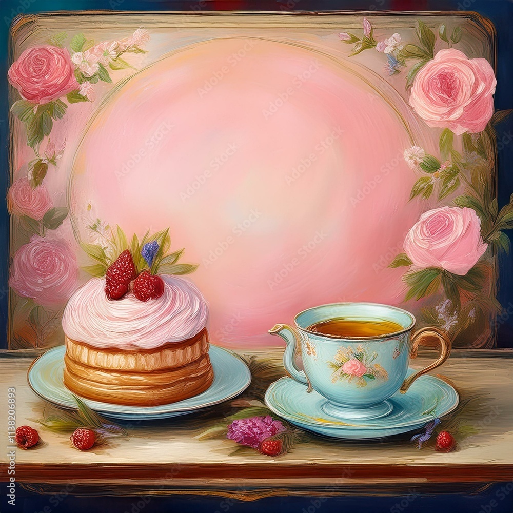 luxury Ready to use social media post fantasy lovely romantic frames, surrounded by baked delicious dessert bakery cake and cup of tea and beautiful flowers luxury Ready to use social media post fantasy lovely romantic frames, surrounded by baked delicious dessert bakery cake and cup of tea and beautiful flowers