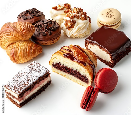 A clear, high resolution photo featuring a range of delicious bakery items such as cookies, croissants, macarons, chocolate lava cake slice, and a red velvet mini cake slice, with a white background