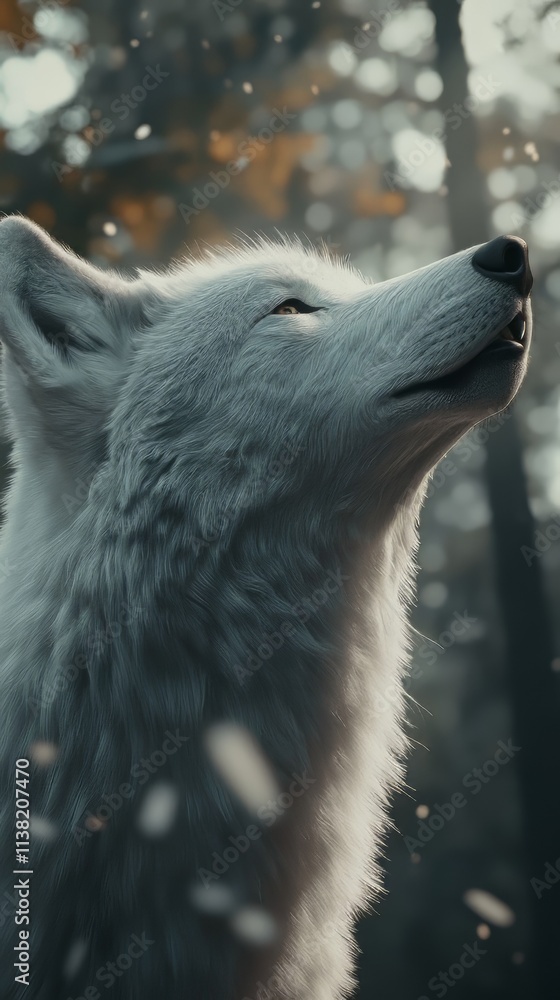 Naklejka premium Closeup shot of an arctic wolf with white fur howling in a forest on an isolated background. wolf wallpaper. Ultra realistic. Photorealistic hypermaximalist hyper realistic fine detail