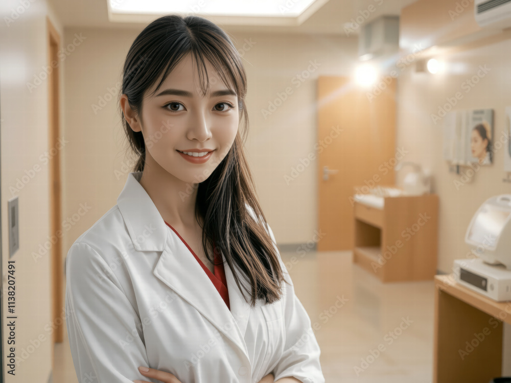 smiling female doctor in white coat stands confidently in modern clinic. bright, clean environment reflects professionalism and care smiling female doctor in white coat stands confidently in modern clinic. bright, clean environment reflects professionalism and care