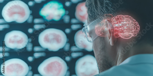 image depicts medical professional observing brain scans, with digital overlay of brain highlighting neural activity. This scene conveys sense of advanced medical technology and research in neuroscie photo