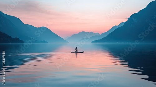 Serene Sunset Paddleboarding in Mountain Lake