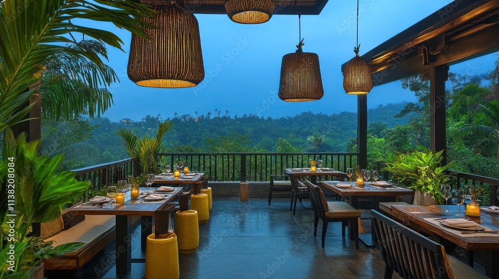 Fototapeta premium Outdoor restaurant with jungle view at dusk.