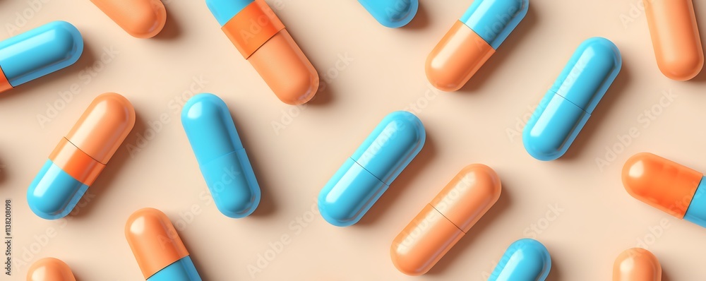 A dynamic array of blue and orange pills on a neutral beige background with subtle gradients A dynamic array of blue and orange pills on a neutral beige background with subtle gradients