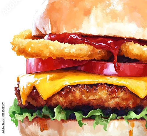 A close-up of a cheeseburger with golden cheese, tangy ketchup, fresh tomato slices, and crunchy onion rings, all against a white background