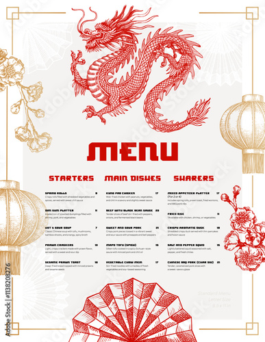 Chinese restaurant menu design template. Fantasy dragon sketch. Hand-drawn vector illustration. 
