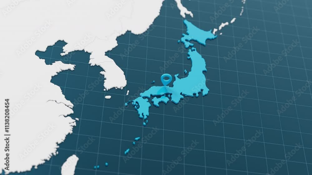 Blue Japan 3d map with pointer pin surrounded with other countries in white. Europe political map with borders animation. 3d render Blue Japan 3d map with pointer pin surrounded with other countries in white. Europe political map with borders animation. 3d render