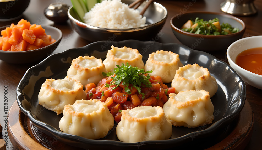 Steamed dumplings with vegetable garnish and tomato relish Steamed dumplings with vegetable garnish and tomato relish