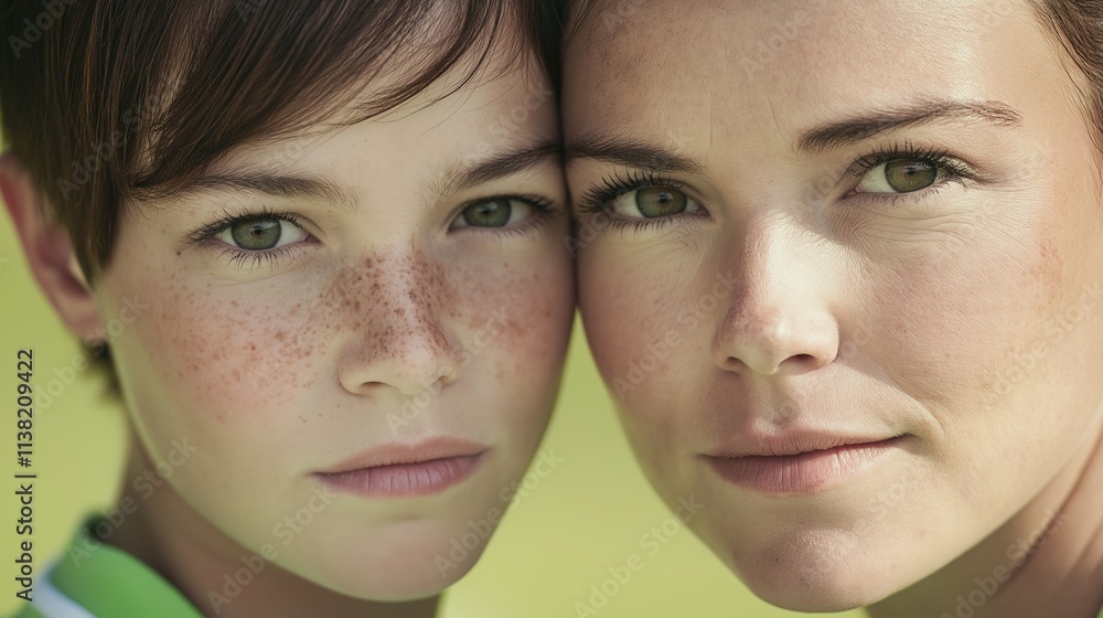 Freckled son and his mother are touching heads, creating a heartwarming portrait that captures the essence of family bonds and connection Freckled son and his mother are touching heads, creating a heartwarming portrait that captures the essence of family bonds and connection