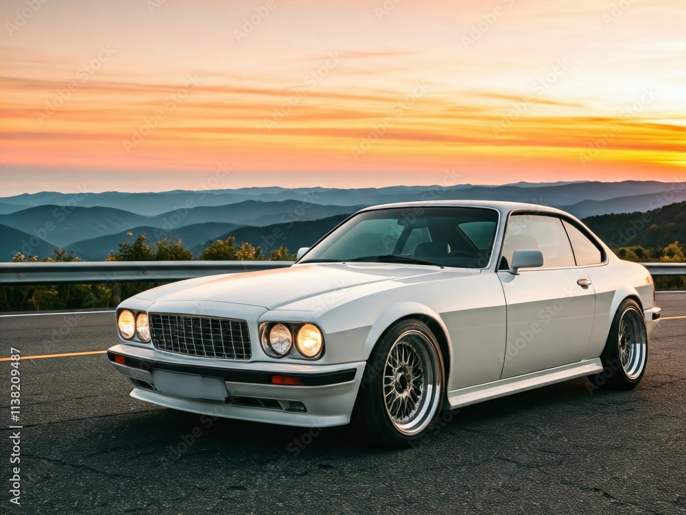 Obraz premium photo of a white classic car with an afternoon view on the highlands,