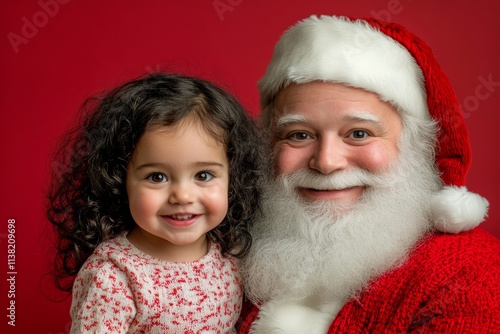 Isolated white toddler girl in holiday lap on red background. Lively yule, pretty toddler girl! copy space. Cute santa family. Kid on red background. Cute photo santa inspiration. photo