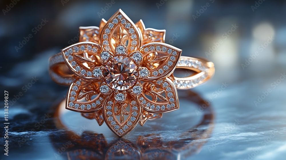 A luxurious rose gold lotus ring with intricate petal detailing and a radiant gemstone at the center, placed on a reflective marble surface under soft spotlight, ultra-HD quality. --ar 16:9 A luxurious rose gold lotus ring with intricate petal detailing and a radiant gemstone at the center, placed on a reflective marble surface under soft spotlight, ultra-HD quality. --ar 16:9
