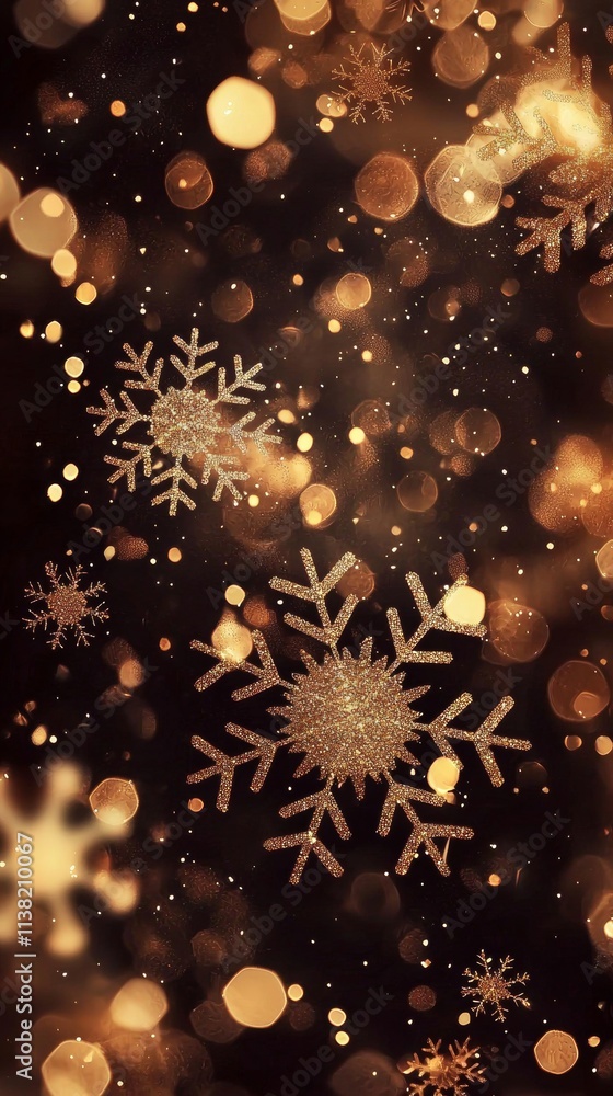 Golden snowflakes falling gracefully on a sparkling christmas background, creating a magical and festive atmosphere filled with shimmering bokeh effects and warm holiday cheer Golden snowflakes falling gracefully on a sparkling christmas background, creating a magical and festive atmosphere filled with shimmering bokeh effects and warm holiday cheer