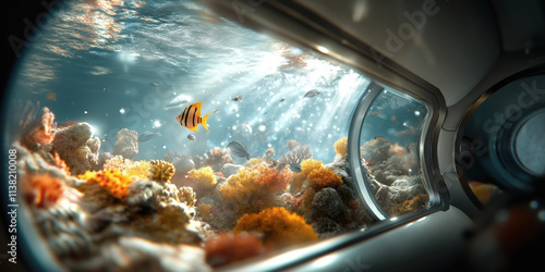 Underwater view of vibrant coral reef through a submarine window