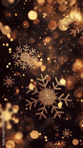 Golden snowflakes falling gracefully on a sparkling christmas background, creating a magical and festive atmosphere filled with shimmering bokeh effects and warm holiday cheer