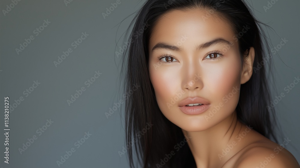 Studio portrait of a beautiful young asian woman with flawless skin, showcasing her natural beauty and healthy, shiny hair against a neutral background Studio portrait of a beautiful young asian woman with flawless skin, showcasing her natural beauty and healthy, shiny hair against a neutral background
