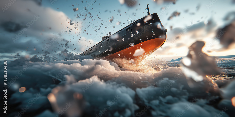 Naklejka premium Ship navigating through icy waters at sunset