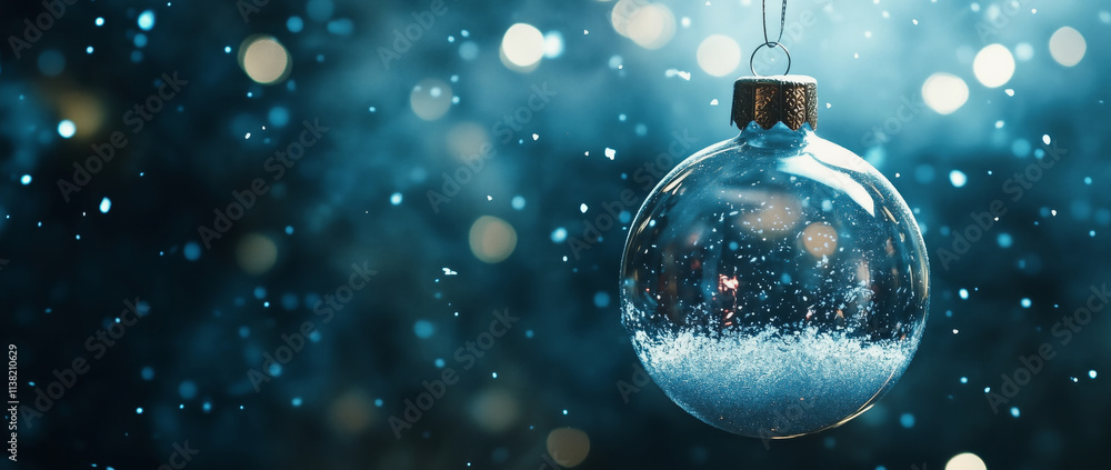 Christmas tree ornament in a glass ball on a blue background with white snowflakes and rays of light. Christmas greeting card, banner, or poster design Christmas tree ornament in a glass ball on a blue background with white snowflakes and rays of light. Christmas greeting card, banner, or poster design