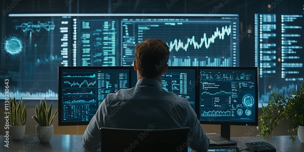 Businessman calculating financial investment risks with charts on screen Businessman calculating financial investment risks with charts on screen