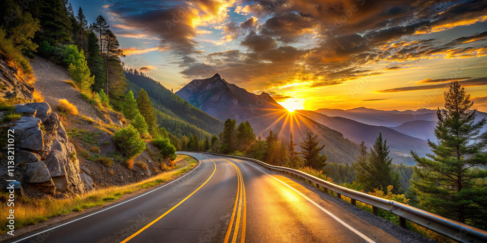 Naklejka premium Majestic mountains rise in the background as a winding road stretches through the serene landscape. The sunset casts a warm glow on the scene, enhancing the natural beauty