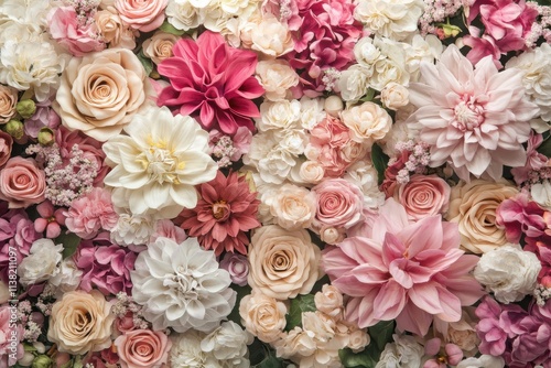 Pastel-colored flower wall. Soft romantic floral background.