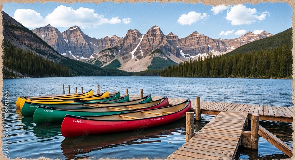 A peaceful mountain lake with canoes docked at a wooden pier hand drawing A peaceful mountain lake with canoes docked at a wooden pier hand drawing