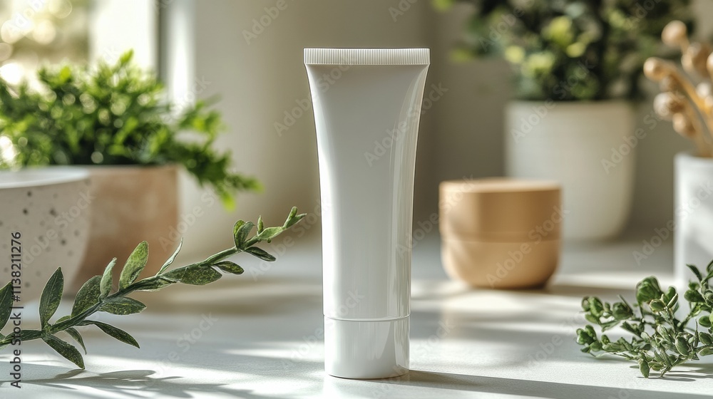 Mockup template of cosmetic tube cream 50ml on gray concrete stone background minimalist with green leaves. Natural hard lighting and shadows Mockup template of cosmetic tube cream 50ml on gray concrete stone background minimalist with green leaves. Natural hard lighting and shadows