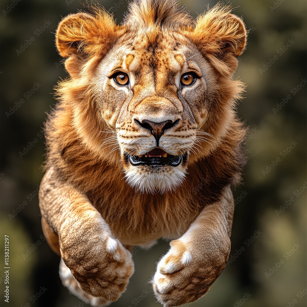 Obraz premium A lion is leaping into the air with its mouth open