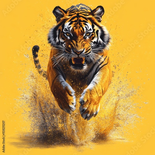 T-shirt design, full-body running tiger with large paws photo