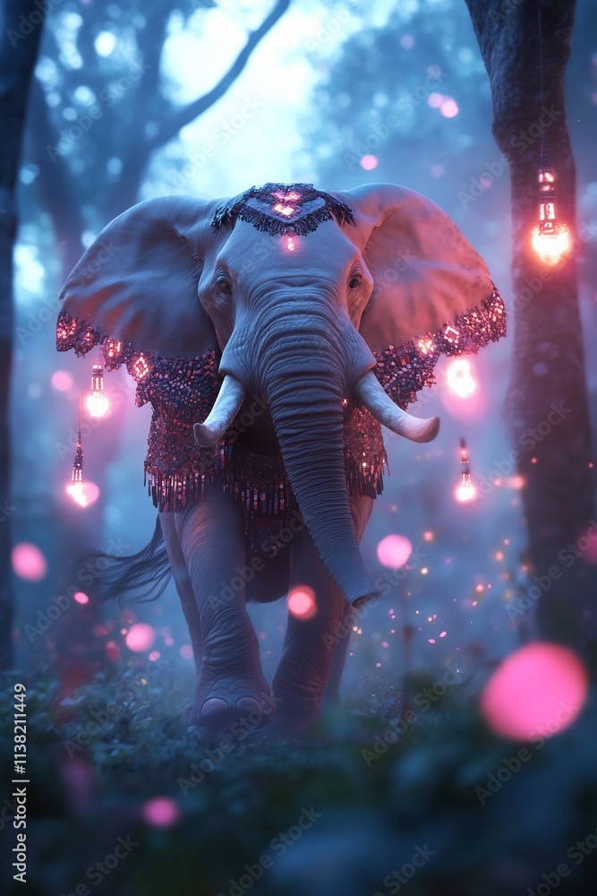 Fototapeta premium Majestic elephant adorned with glowing lights in enchanted forest.