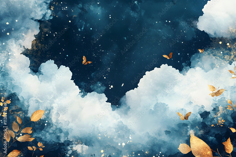 Dreamy watercolor cloudscape with golden butterflies and leaves, evokes serenity and wonder. Dreamy watercolor cloudscape with golden butterflies and leaves, evokes serenity and wonder.