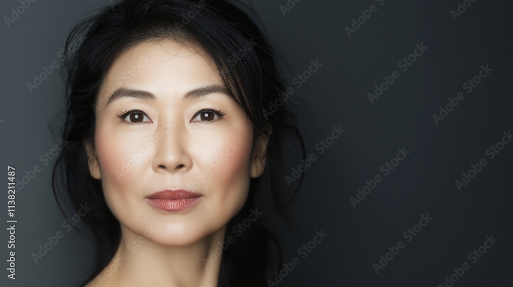 Studio portrait of a beautiful middle-aged asian woman with perfect skin, black hair and soft makeup, looking calmly and confidently against a dark background