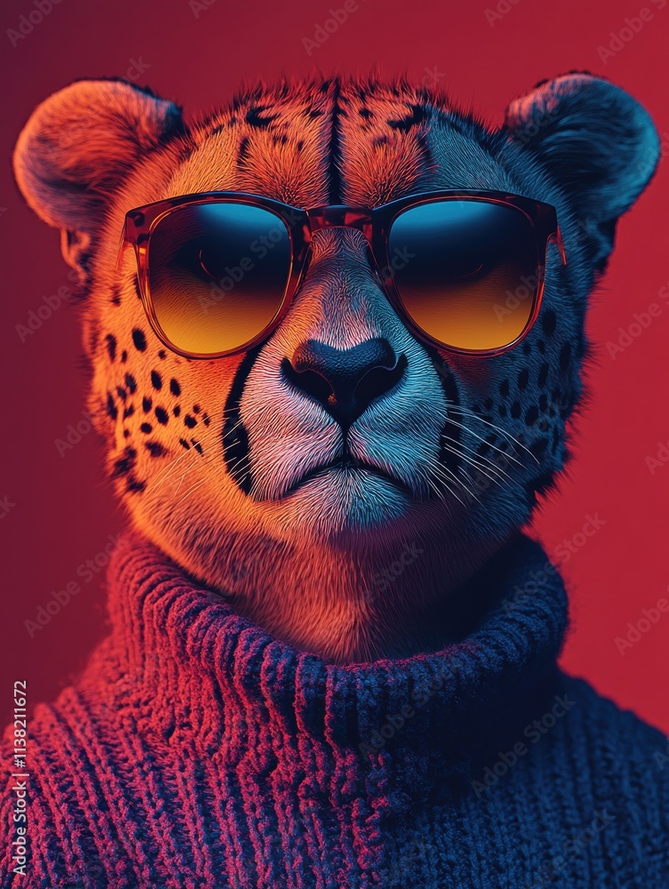 Fototapeta premium portrait of an anthropomorphic cheetah wearing sunglasses and a sweater