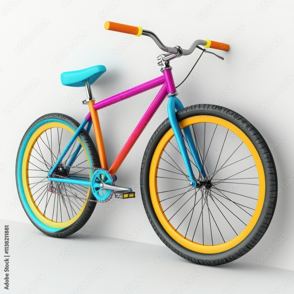 Obraz premium A modern bicycle with vibrant colors leaning against a wall on a white background.