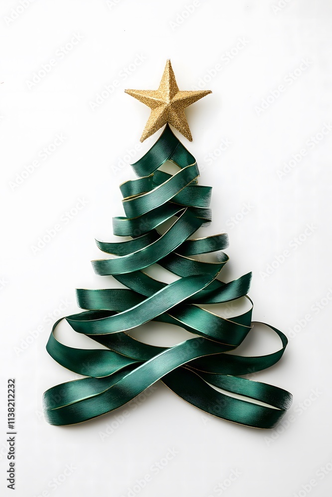 Christmas tree made of a single dark, green strip with a golden star on top, on a white background. Minimalistic, Christmas, New Year's Eve concept