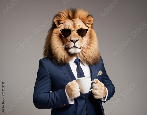 Lion Dressed in Business Suit Holding a Coffee Mug in a Humorous Concept