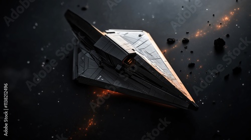 Futuristic spaceship navigating through asteroid field
