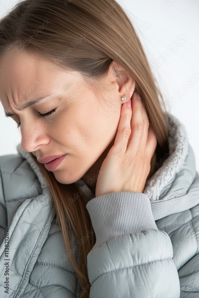 Young woman experiencing neck pain and inflammation, touching the affected area with a concerned expression, highlighting health issues and discomfort Young woman experiencing neck pain and inflammation, touching the affected area with a concerned expression, highlighting health issues and discomfort