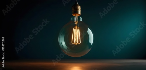 Vintage Edison light bulb, glowing filament, dark teal background, moody atmosphere