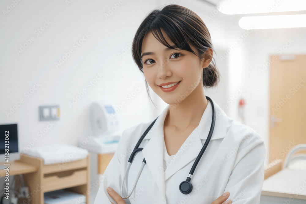 confident female doctor in white coat smiles warmly in modern clinic. She has stethoscope around her neck, embodying professionalism and care confident female doctor in white coat smiles warmly in modern clinic. She has stethoscope around her neck, embodying professionalism and care