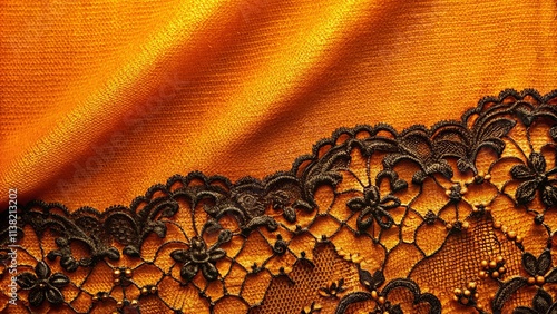 Amber fabric with dark ornate lace trim detail