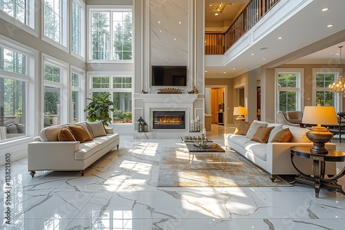 A luxury living room interior with a fireplace