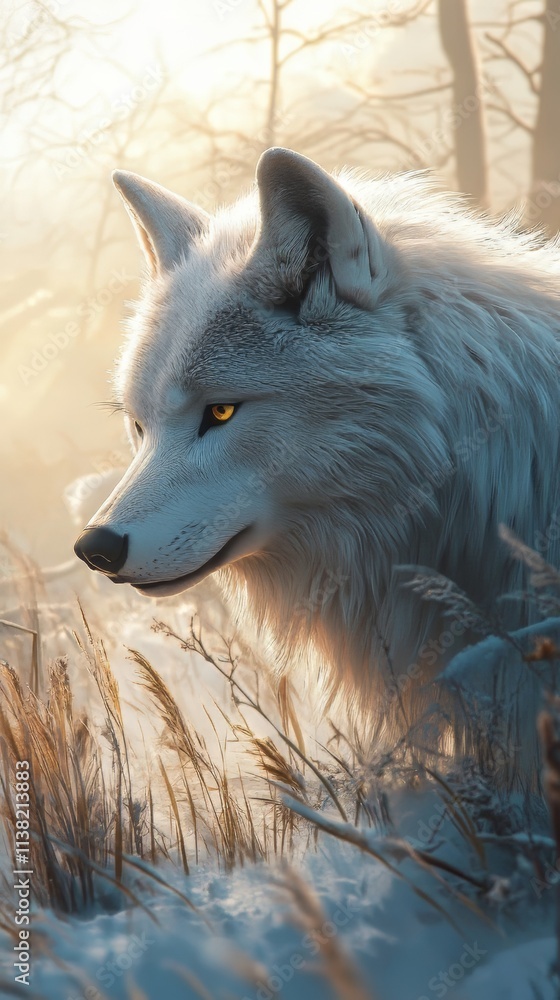 Obraz premium Wild wolf (canis lupus) on wite background in wild nature. wolf design or graphic for t-shirt printing. wolf wallpaper. Ultra realistic. Photorealistic hypermaximalist hyper realistic fine detail